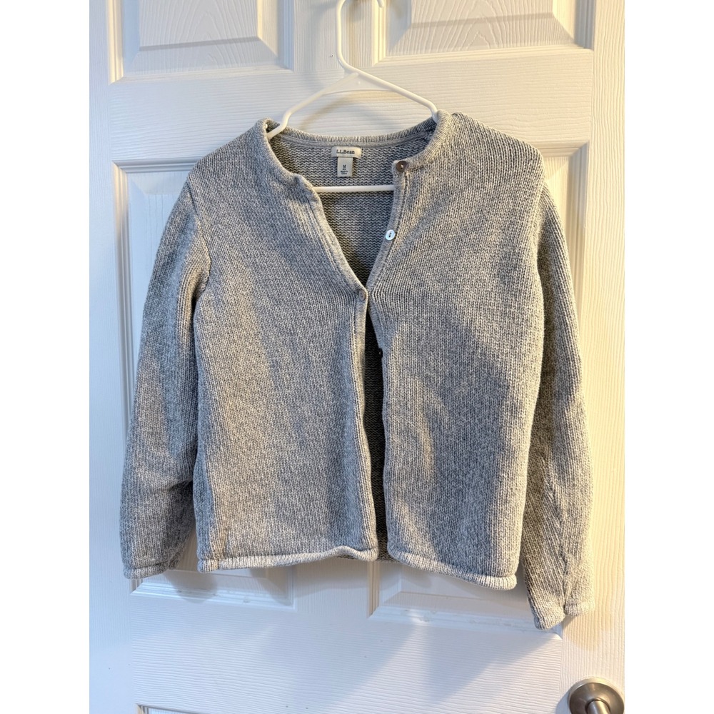 LL Bean Womens Gray 100% Cotton Shaker Stitch Button Front Cardigan Sweater M